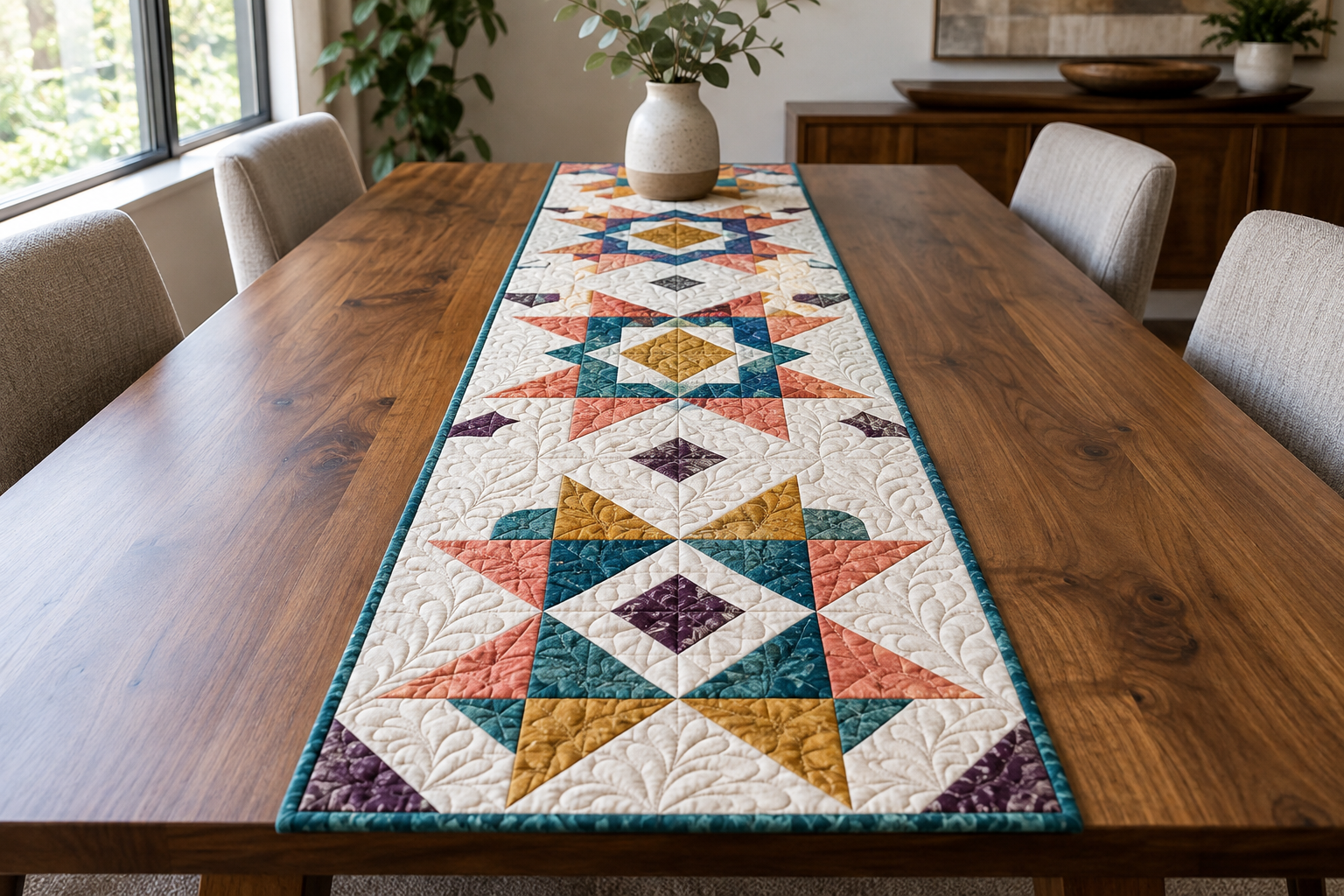 Modern colorful quilted table runner with edge-to-edge stitching