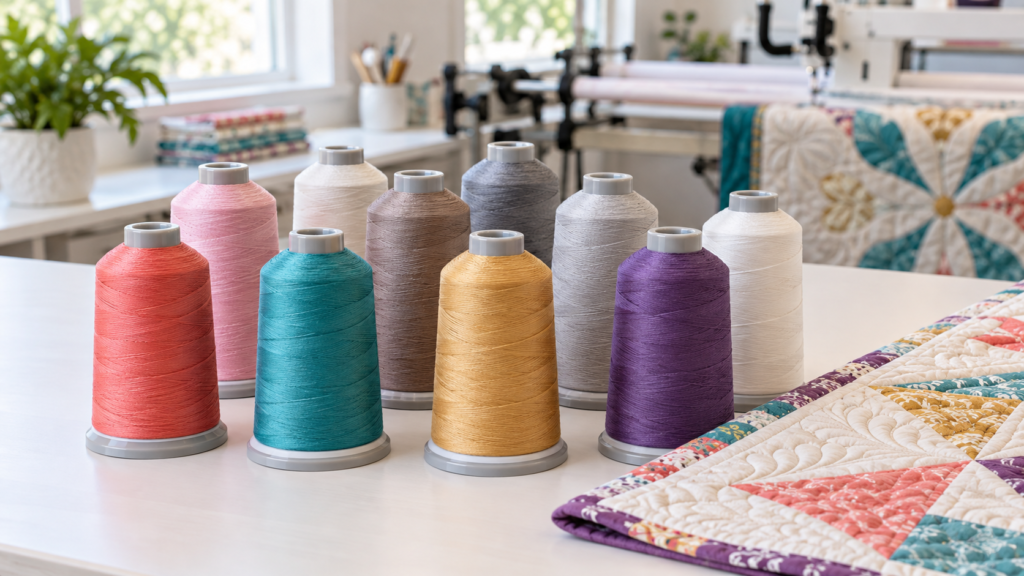 Quilting thread colors arranged beside a multicolor quilt