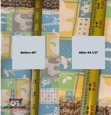 Before and after prewashing quilting fabric, showing shrinkage from 45 inches to 44.5 inches after washing in cold water.